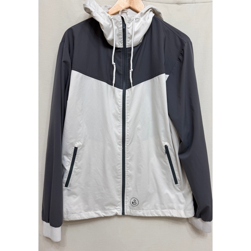 Swannies Men Windbreaker Jacket Gray White Hooded Full Zip Golf Sporty Aesthetic
